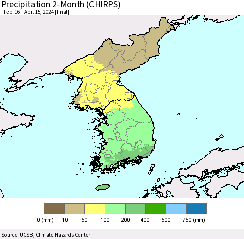 Korea Precipitation 2-Month (CHIRPS) Thematic Map For 2/16/2024 - 4/15/2024