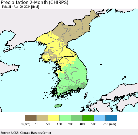 Korea Precipitation 2-Month (CHIRPS) Thematic Map For 2/21/2024 - 4/20/2024