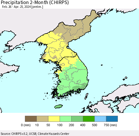 Korea Precipitation 2-Month (CHIRPS) Thematic Map For 2/26/2024 - 4/25/2024