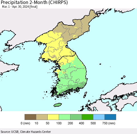 Korea Precipitation 2-Month (CHIRPS) Thematic Map For 3/1/2024 - 4/30/2024