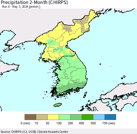 Korea Precipitation 2-Month (CHIRPS) Thematic Map For 3/6/2024 - 5/5/2024