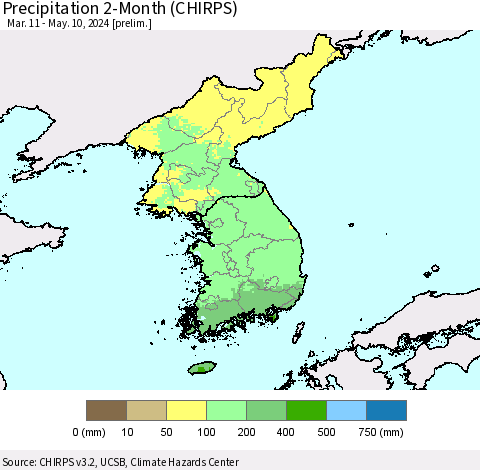 Korea Precipitation 2-Month (CHIRPS) Thematic Map For 3/11/2024 - 5/10/2024