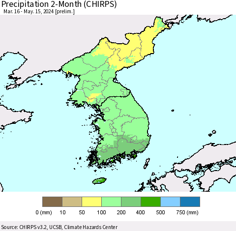 Korea Precipitation 2-Month (CHIRPS) Thematic Map For 3/16/2024 - 5/15/2024