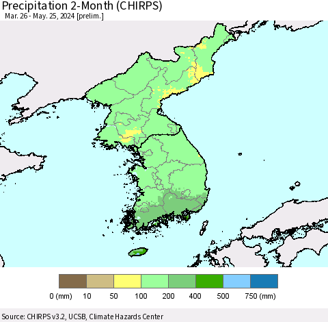 Korea Precipitation 2-Month (CHIRPS) Thematic Map For 3/26/2024 - 5/25/2024