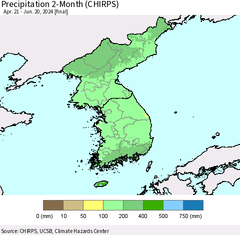 Korea Precipitation 2-Month (CHIRPS) Thematic Map For 4/21/2024 - 6/20/2024