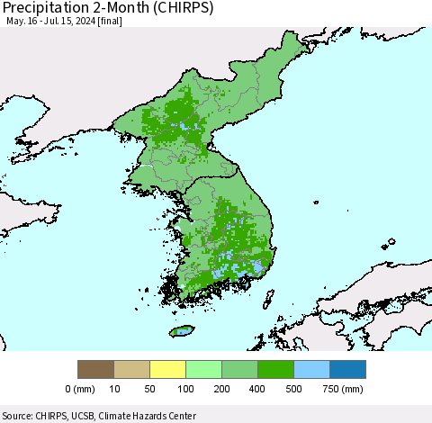 Korea Precipitation 2-Month (CHIRPS) Thematic Map For 5/16/2024 - 7/15/2024