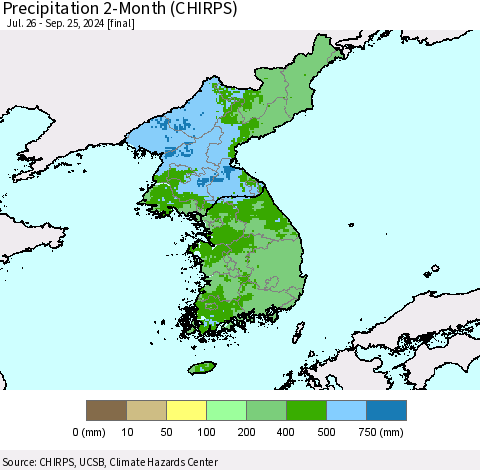 Korea Precipitation 2-Month (CHIRPS) Thematic Map For 7/26/2024 - 9/25/2024