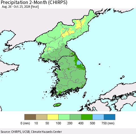 Korea Precipitation 2-Month (CHIRPS) Thematic Map For 8/26/2024 - 10/25/2024