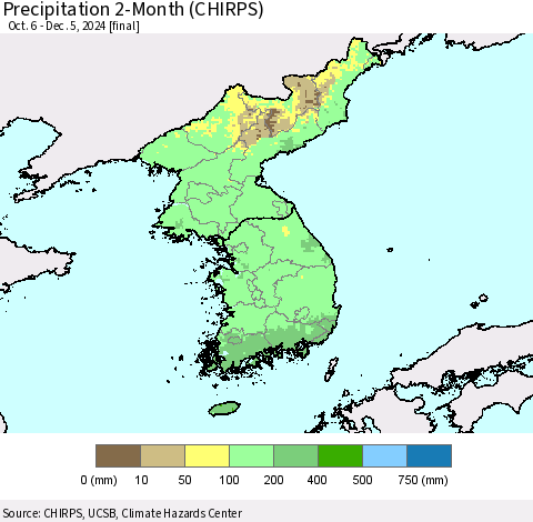 Korea Precipitation 2-Month (CHIRPS) Thematic Map For 10/6/2024 - 12/5/2024