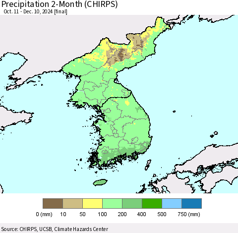 Korea Precipitation 2-Month (CHIRPS) Thematic Map For 10/11/2024 - 12/10/2024