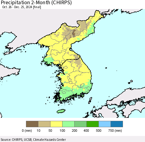 Korea Precipitation 2-Month (CHIRPS) Thematic Map For 10/26/2024 - 12/25/2024