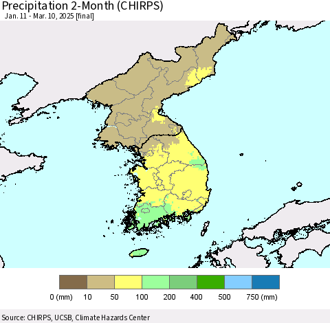 Korea Precipitation 2-Month (CHIRPS) Thematic Map For 1/11/2025 - 3/10/2025