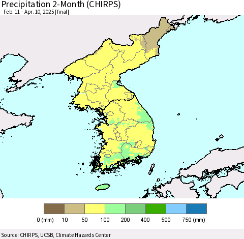 Korea Precipitation 2-Month (CHIRPS) Thematic Map For 2/11/2025 - 4/10/2025