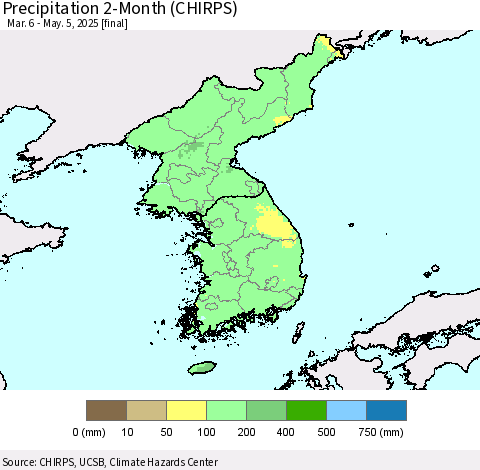 Korea Precipitation 2-Month (CHIRPS) Thematic Map For 3/6/2025 - 5/5/2025