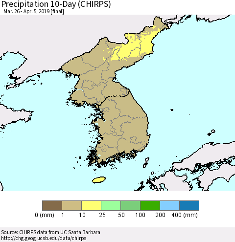 Korea Precipitation 10-Day (CHIRPS) Thematic Map For 3/26/2019 - 4/5/2019