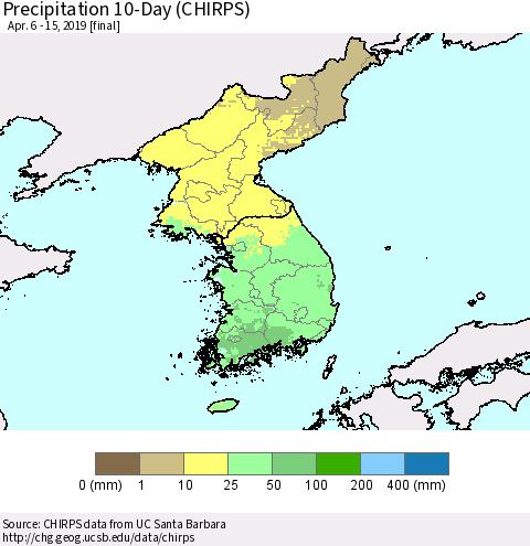 Korea Precipitation 10-Day (CHIRPS) Thematic Map For 4/6/2019 - 4/15/2019