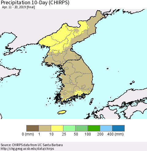 Korea Precipitation 10-Day (CHIRPS) Thematic Map For 4/11/2019 - 4/20/2019