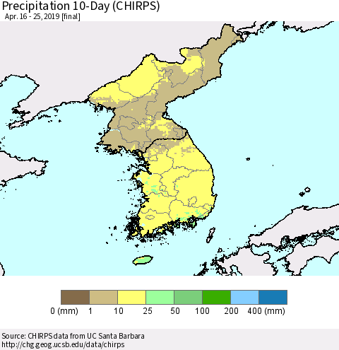 Korea Precipitation 10-Day (CHIRPS) Thematic Map For 4/16/2019 - 4/25/2019