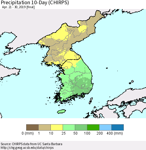 Korea Precipitation 10-Day (CHIRPS) Thematic Map For 4/21/2019 - 4/30/2019