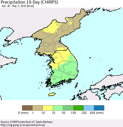 Korea Precipitation 10-Day (CHIRPS) Thematic Map For 4/26/2019 - 5/5/2019