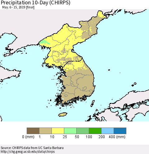 Korea Precipitation 10-Day (CHIRPS) Thematic Map For 5/6/2019 - 5/15/2019