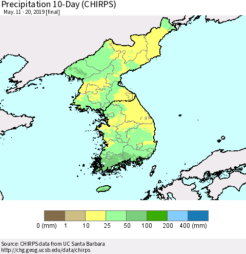 Korea Precipitation 10-Day (CHIRPS) Thematic Map For 5/11/2019 - 5/20/2019