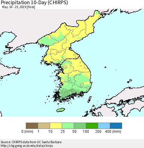 Korea Precipitation 10-Day (CHIRPS) Thematic Map For 5/16/2019 - 5/25/2019