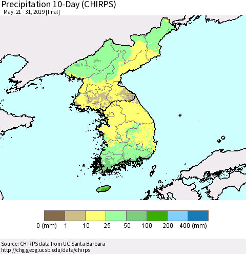 Korea Precipitation 10-Day (CHIRPS) Thematic Map For 5/21/2019 - 5/31/2019