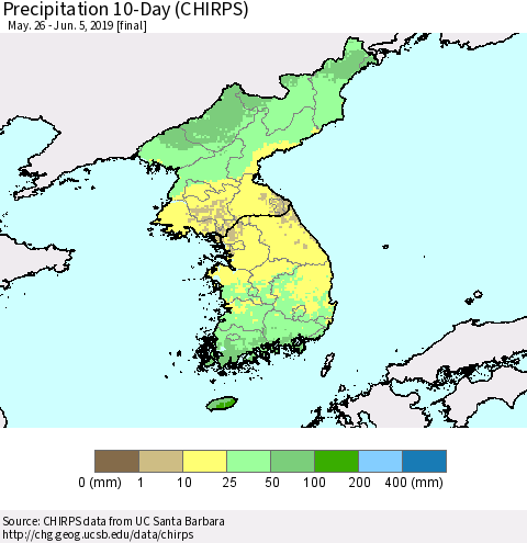 Korea Precipitation 10-Day (CHIRPS) Thematic Map For 5/26/2019 - 6/5/2019