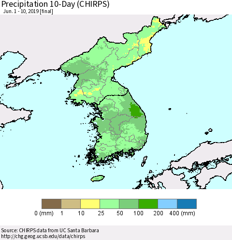 Korea Precipitation 10-Day (CHIRPS) Thematic Map For 6/1/2019 - 6/10/2019