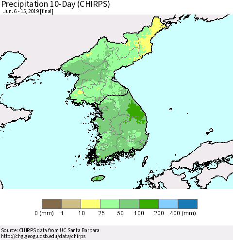 Korea Precipitation 10-Day (CHIRPS) Thematic Map For 6/6/2019 - 6/15/2019