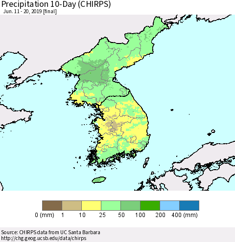 Korea Precipitation 10-Day (CHIRPS) Thematic Map For 6/11/2019 - 6/20/2019