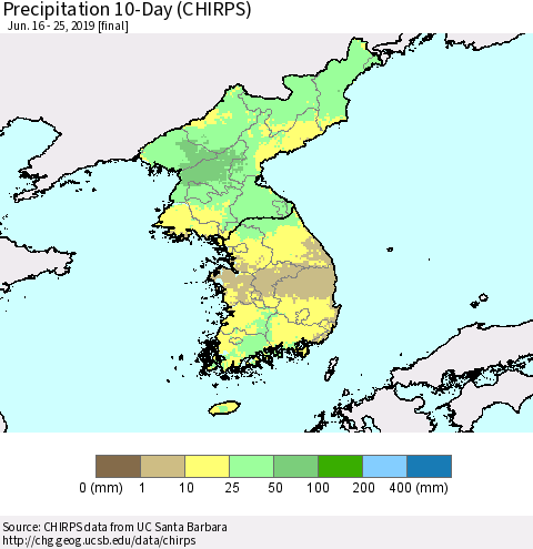 Korea Precipitation 10-Day (CHIRPS) Thematic Map For 6/16/2019 - 6/25/2019