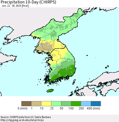 Korea Precipitation 10-Day (CHIRPS) Thematic Map For 6/21/2019 - 6/30/2019