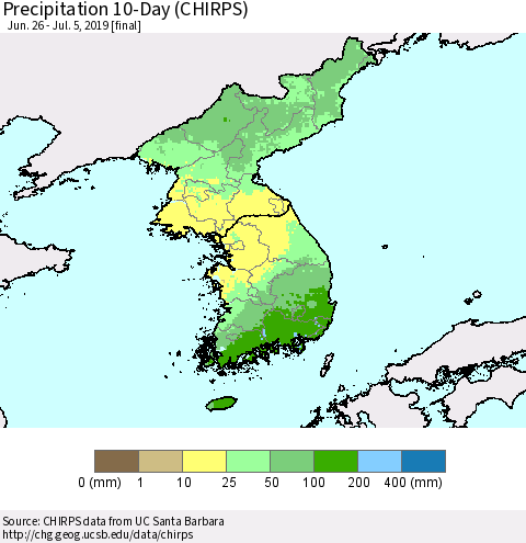 Korea Precipitation 10-Day (CHIRPS) Thematic Map For 6/26/2019 - 7/5/2019