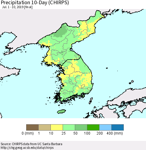 Korea Precipitation 10-Day (CHIRPS) Thematic Map For 7/1/2019 - 7/10/2019