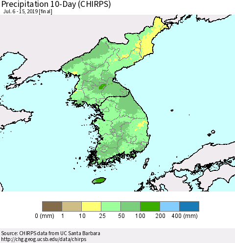 Korea Precipitation 10-Day (CHIRPS) Thematic Map For 7/6/2019 - 7/15/2019