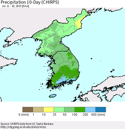 Korea Precipitation 10-Day (CHIRPS) Thematic Map For 7/11/2019 - 7/20/2019