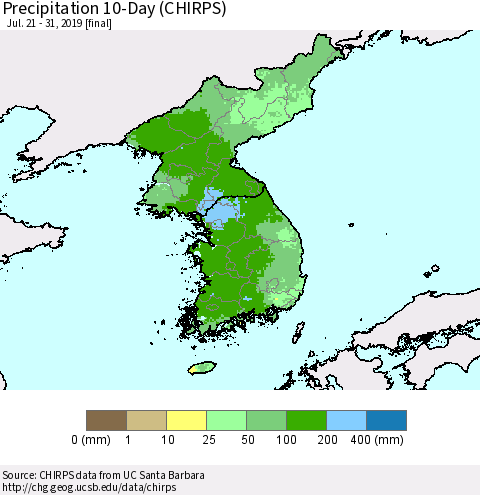 Korea Precipitation 10-Day (CHIRPS) Thematic Map For 7/21/2019 - 7/31/2019