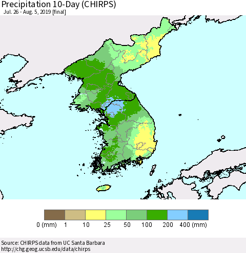 Korea Precipitation 10-Day (CHIRPS) Thematic Map For 7/26/2019 - 8/5/2019