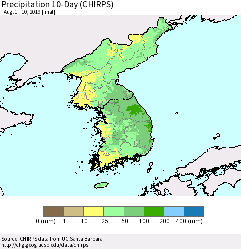 Korea Precipitation 10-Day (CHIRPS) Thematic Map For 8/1/2019 - 8/10/2019