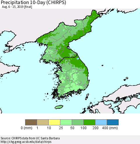 Korea Precipitation 10-Day (CHIRPS) Thematic Map For 8/6/2019 - 8/15/2019