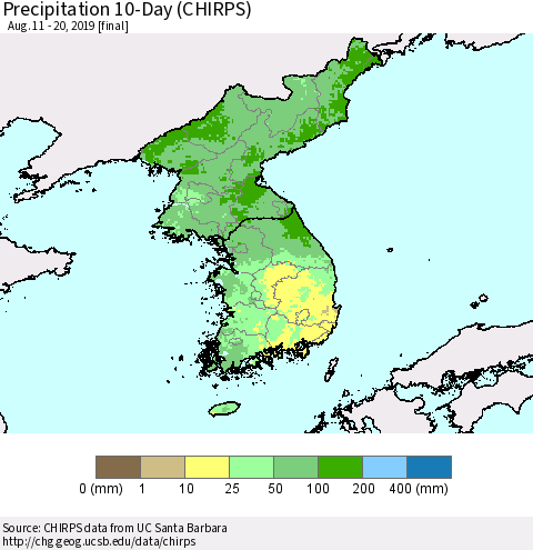 Korea Precipitation 10-Day (CHIRPS) Thematic Map For 8/11/2019 - 8/20/2019
