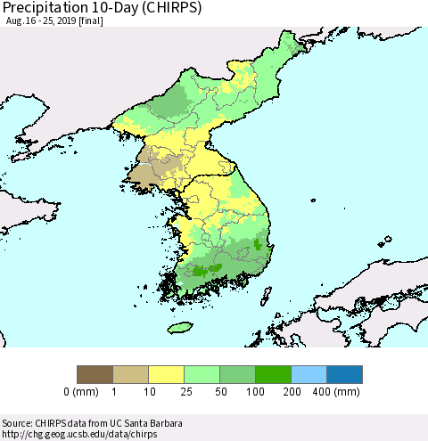 Korea Precipitation 10-Day (CHIRPS) Thematic Map For 8/16/2019 - 8/25/2019