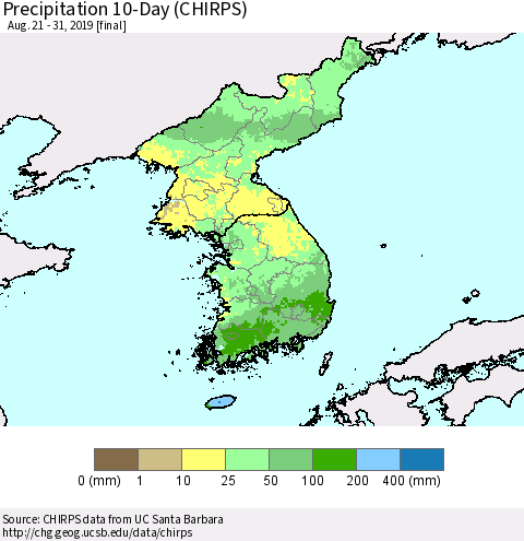Korea Precipitation 10-Day (CHIRPS) Thematic Map For 8/21/2019 - 8/31/2019