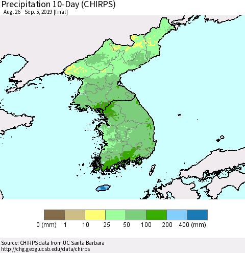 Korea Precipitation 10-Day (CHIRPS) Thematic Map For 8/26/2019 - 9/5/2019