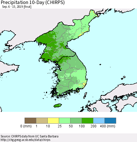 Korea Precipitation 10-Day (CHIRPS) Thematic Map For 9/6/2019 - 9/15/2019