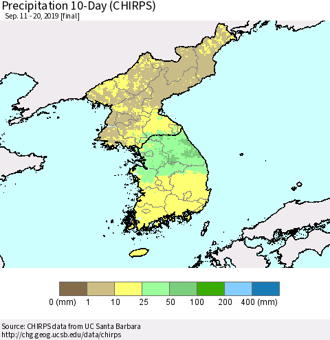 Korea Precipitation 10-Day (CHIRPS) Thematic Map For 9/11/2019 - 9/20/2019