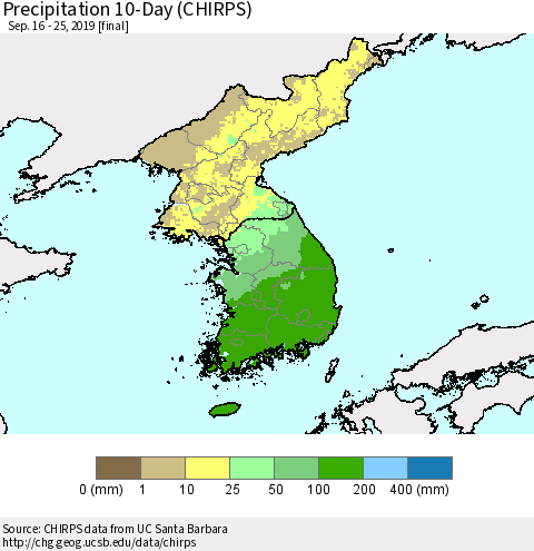 Korea Precipitation 10-Day (CHIRPS) Thematic Map For 9/16/2019 - 9/25/2019