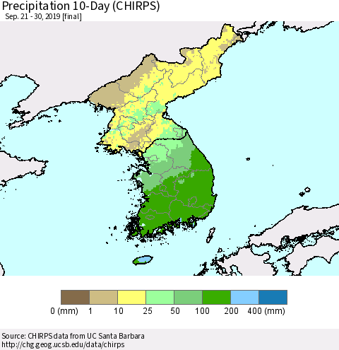 Korea Precipitation 10-Day (CHIRPS) Thematic Map For 9/21/2019 - 9/30/2019